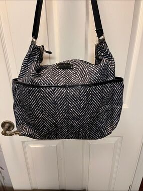 Flawed Kate Spade Stevie Baby/Diaper Bag Blk white herringbone purple interior